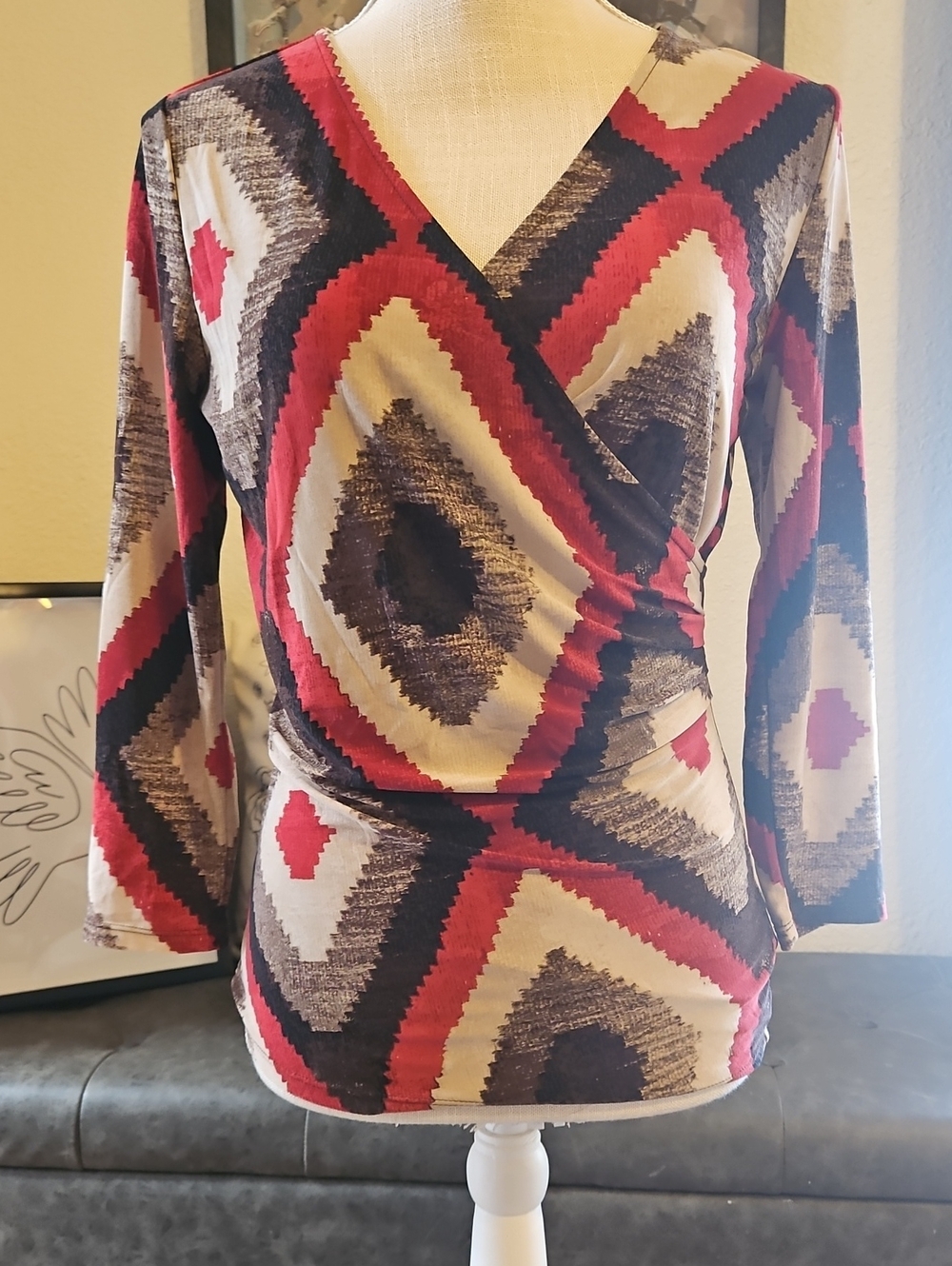 Lauren Ralph Lauren Red, Black & Cream Southwestern Wrap Top